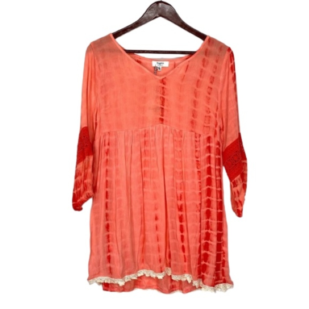 Hayden Coral Tie Dye Crocheted Sleeve Tunic V-Neck Blouse New Nwt Size Medium